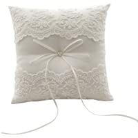 silktalk Almohada de Anillo de Boda hecha a mano cinta de arco Beige mosca Cojín de anillo portador encaje algodón 21 cm…